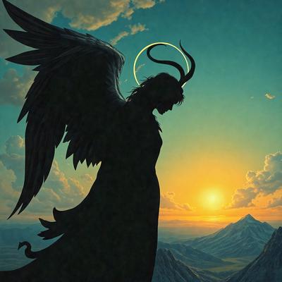Primary subject: Angel
Setting/background: Sky, mountains, clouds
Visual style: Digital art
Colors and mood: Blue, orange, and yellow
